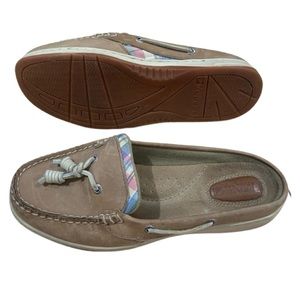 SPERRY Top Sider Leather Slip On Boat Shoes Tan Pink Blue Plaid size 7.5